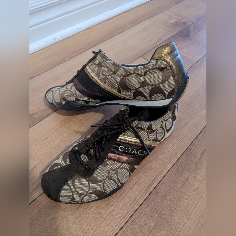 Coach Jayme Brown Gold Signature Canvas Sneakers Shoes 7.5 M